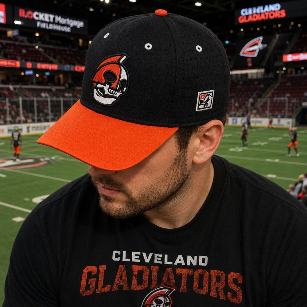 Cleveland Gladiators Hat The Game PRO A-Flex Stretch Skull Logo AFL Black Orange